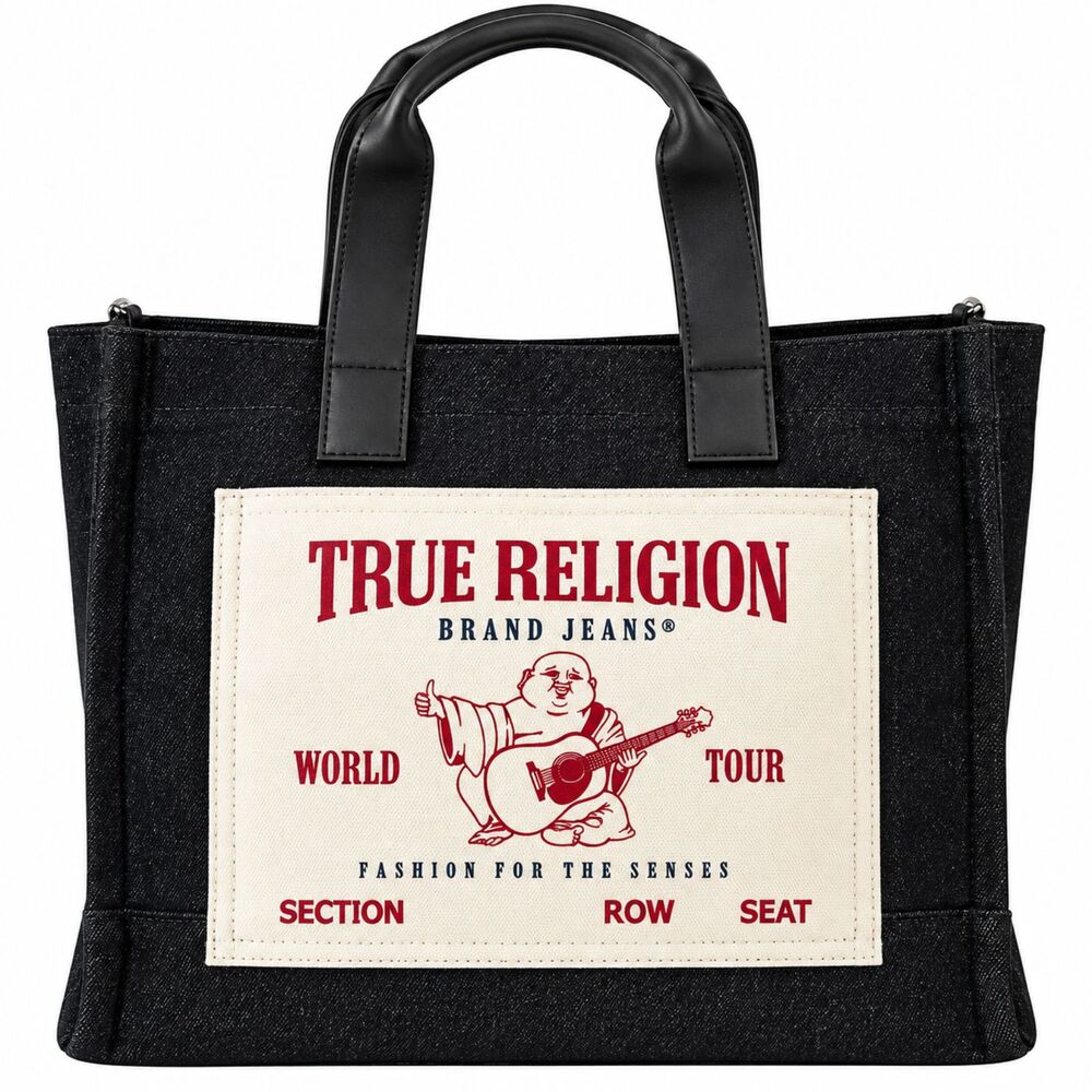 True Religion World Tour Black Denim Tote Bag Buddha Graphic Logo Handbag